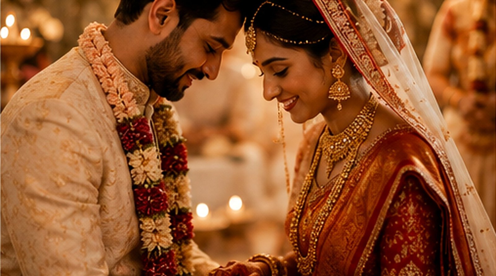 An Indian couple sharing a quiet wedding moment together.