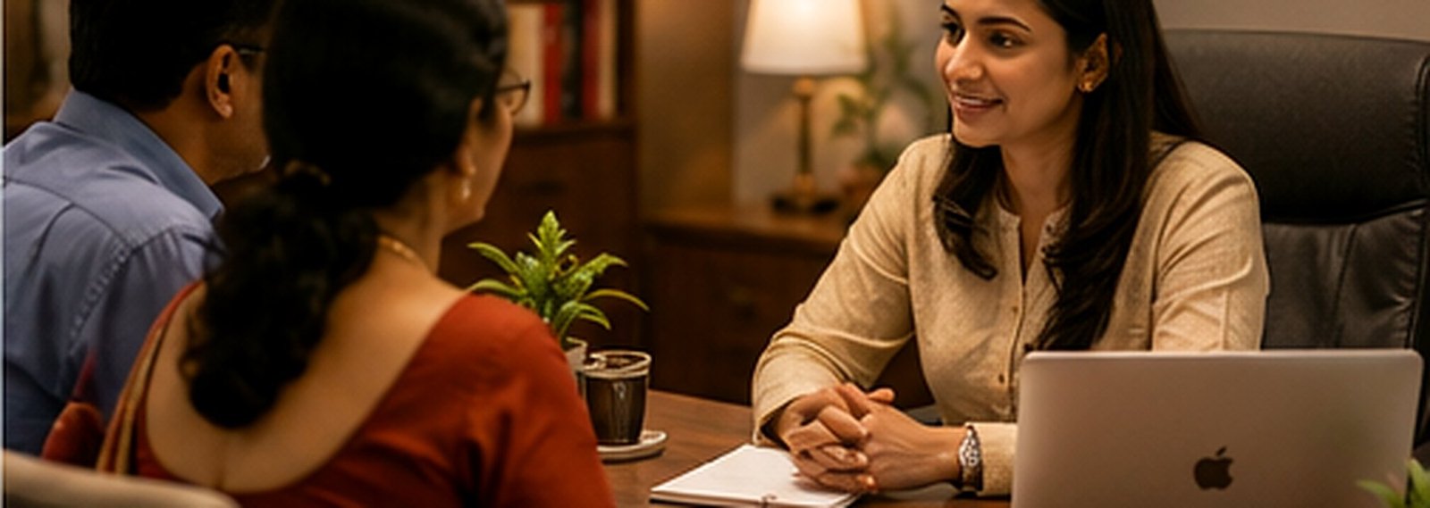 A consultant listening carefully during a confidential family consultation.